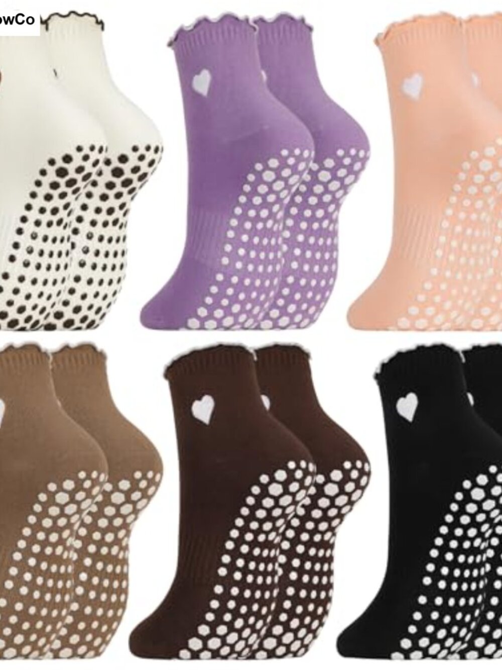 6 Pairs Frilly Pilates Socks with Grips for Women Cotton Non-Slip Yoga